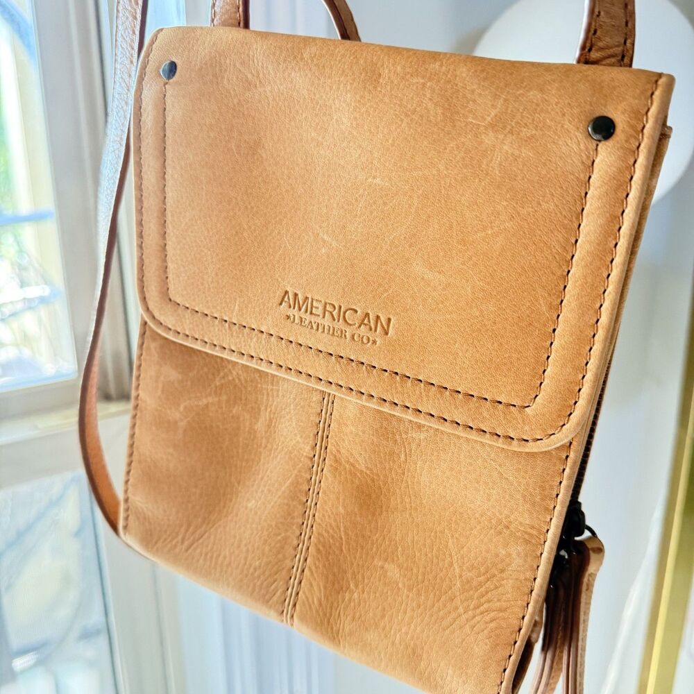 American Leather Co Kansas Organizer Crossbody Genuine Leather Tan Women’s Small